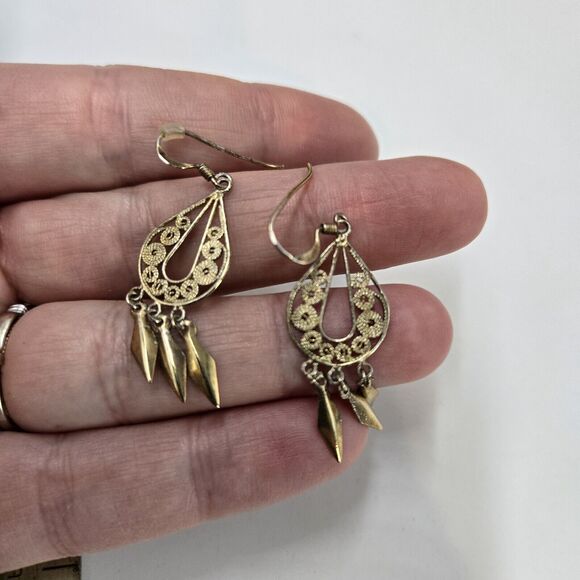 Boho Sterling Silver 925 Vermeil Byzantine Stule Dangle Drop Earrings Gold Tone - Picture 2 of 4